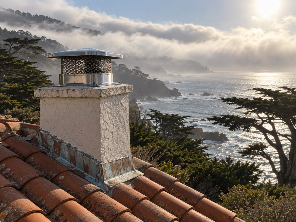 A stucco chimney with a stainless cap above the Pacific, cypress and marine fog behind